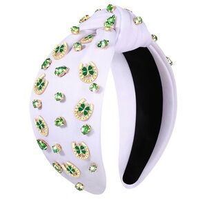 NWT White Knotted Headband with Green Gem Shamrock Horseshoe Accents